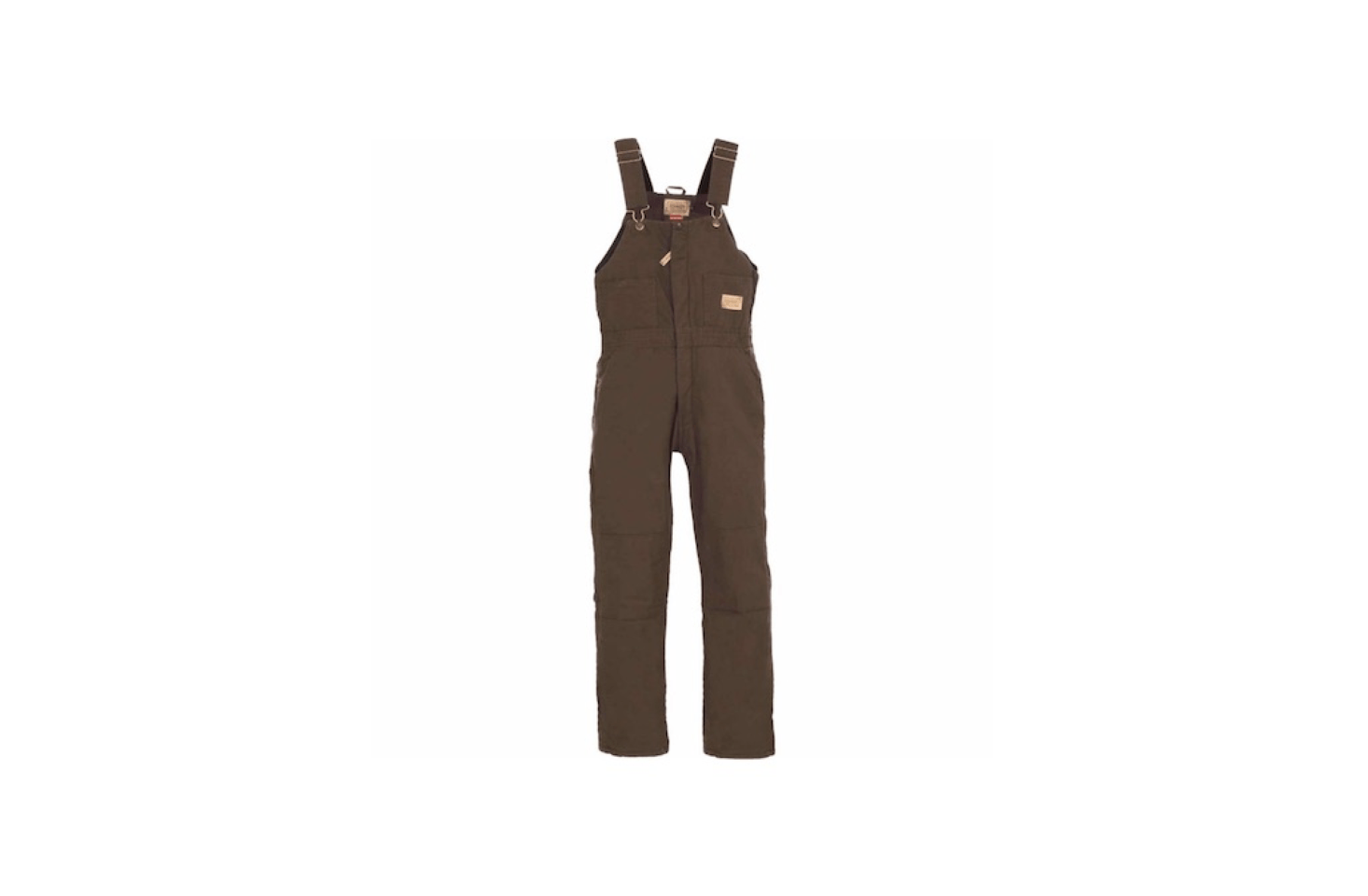 Available in dark brown, a pair of C. E. Schmidt Sanded/Washed Duck Quilt-Lined Insulated Bib Overalls has storm flaps over leg zippers to block wind and cold and waterproof reinforced knees; $5