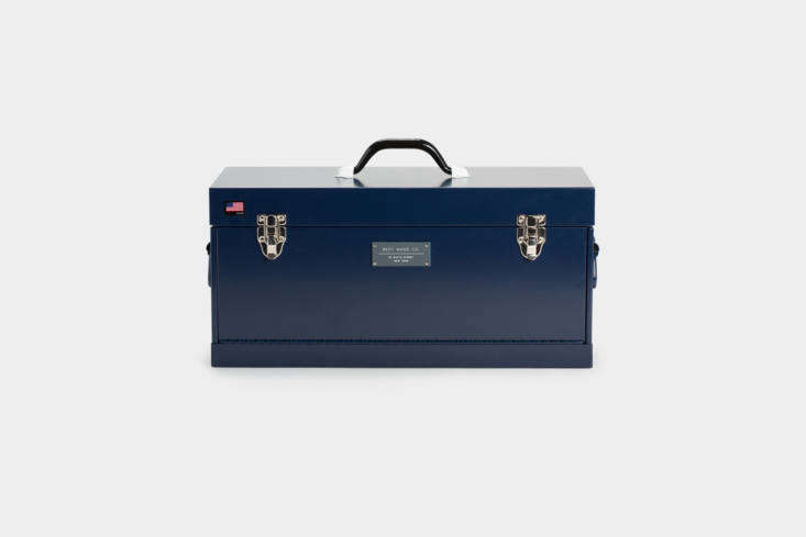 The Best Made Co. Front Loading Toolbox in red, matte black, or navy (shown) is a larger version of the \15-inch Best Made toolbox featured above. This one is \$\148 at Best Made Co.