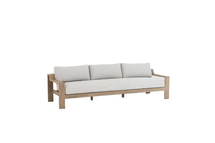 A Teak Wood Frame Outdoor 3-Seater Sofa has UV-resistant and water-repellent cushions and is \105.5 inches wide and \24.5 inches high. It is \$\2,999 at west Elm.