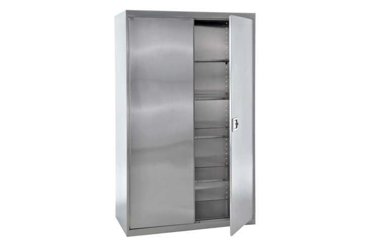 The Edsal Steel Freestanding Garage Cabinet is an open for modular shelving cabinets. It&#8\2\17;s made of \18-gauge, type 304 stainless steel so is on the pricer side for \$\2,0\24.39 at Lowe&#8\2\17;s.