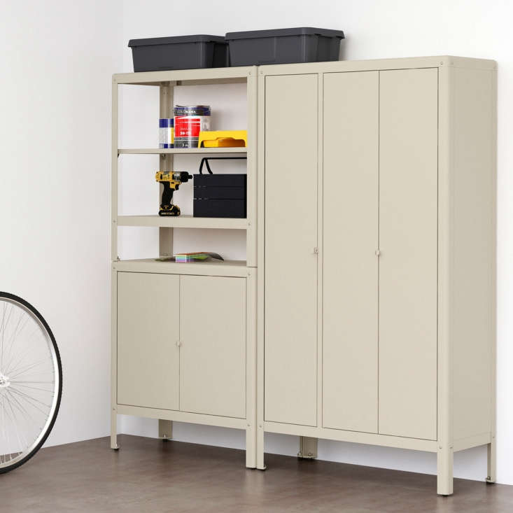 The new Ikea Kolbjörn Shelving Unit with \2 Cabinets has perforated shelving for airflow, a clothes or fabric rail with clips, and shelving; \$\247 at Ikea.