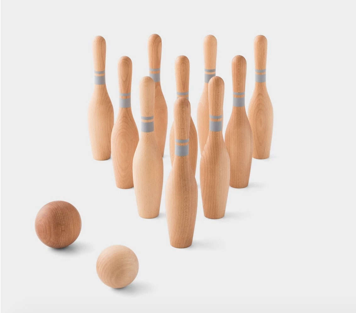 Handcrafted in Poland, the Wooden Bowling Set is made with Forest Stewardship Council-certified wood and finished with beeswax and botanical oils; $64.99 at Schoolhouse.