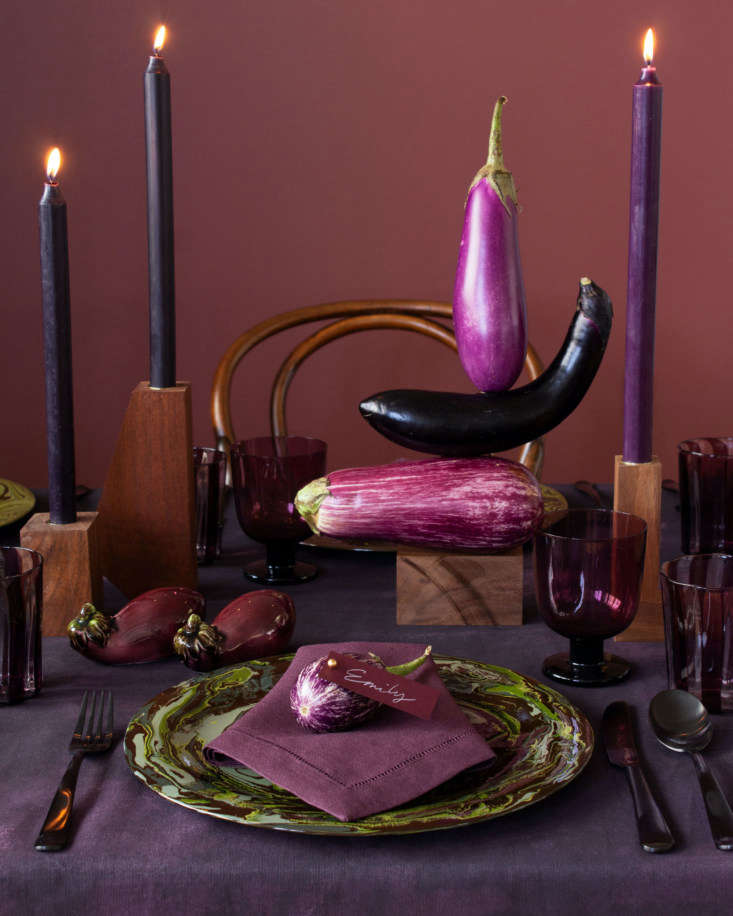 &#8\2\20;Finish off your still life with candles in dark purple, embracing the under-appreciated but oh-so-stunning hue of autumn: aubergine.&#8\2\2\1; The striped amethyst glassware is by LagunaB.