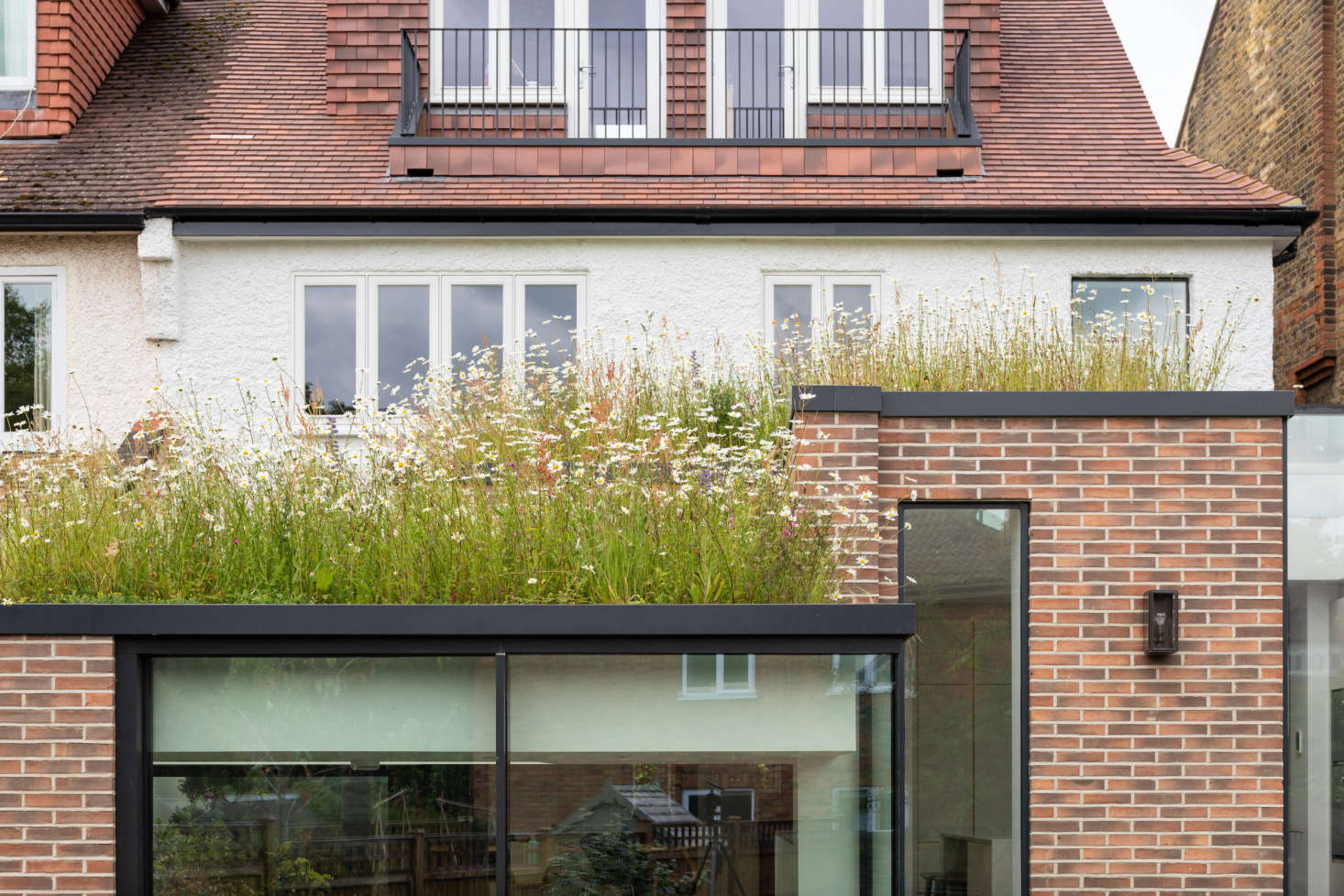 The living roof on the single-story addition allows the upper floors to have a much greener view than they would otherwise have.