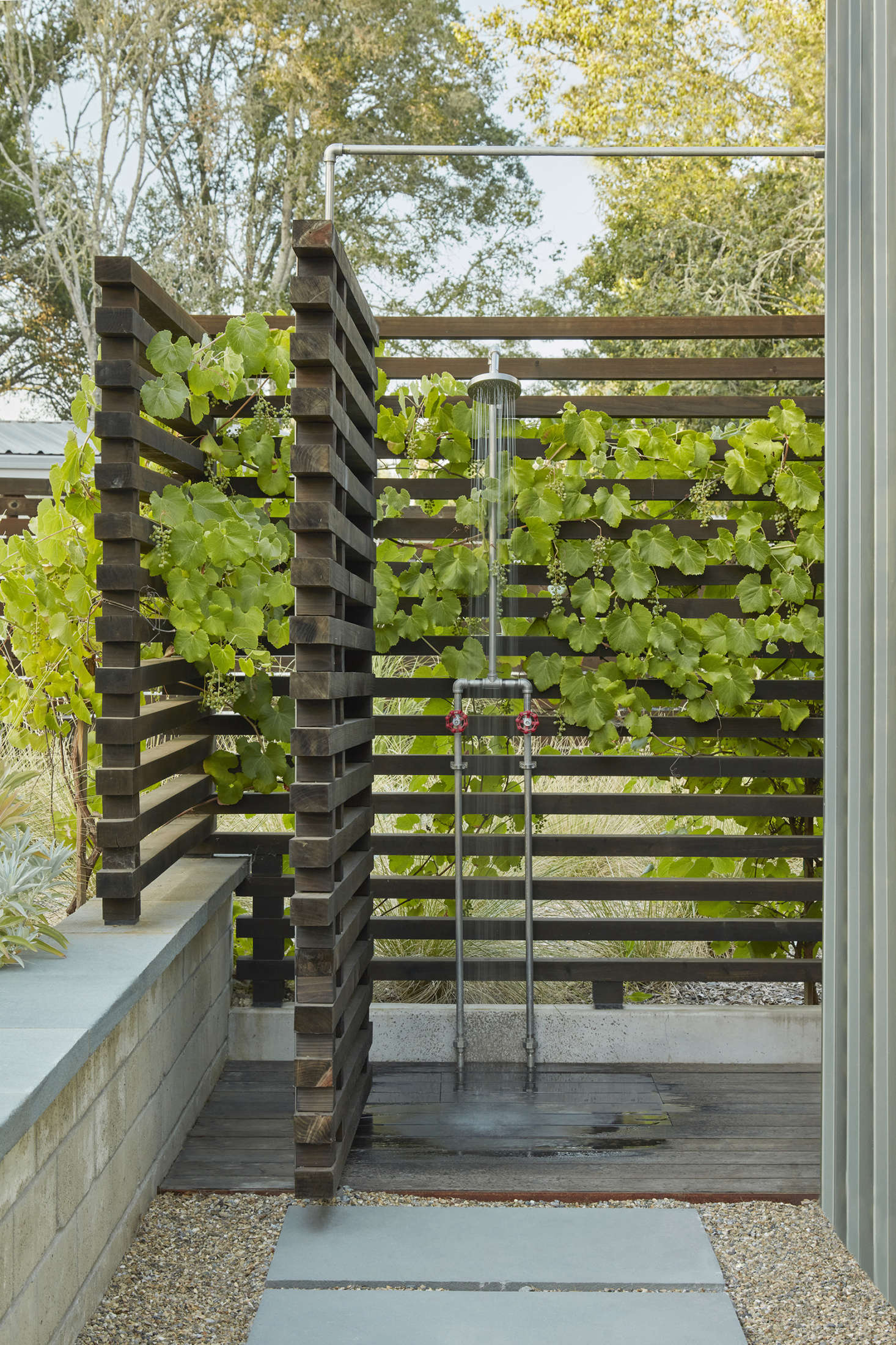 The outdoor shower features native grape vines peeking through.