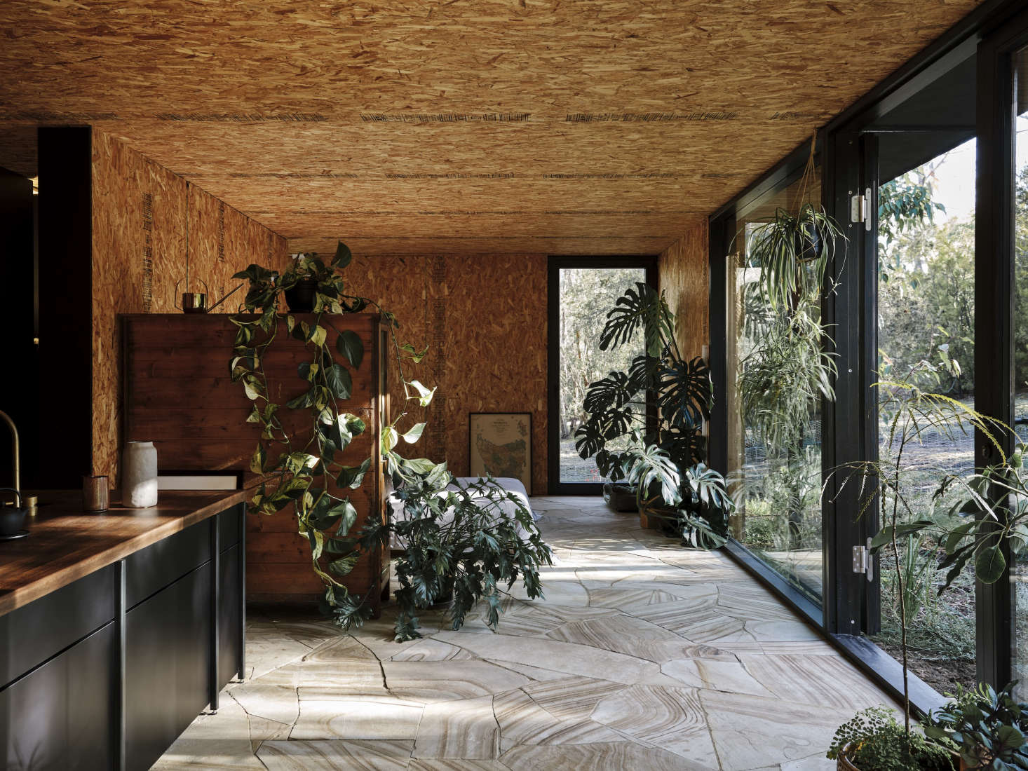 There are no colors in this small cabin—other than abundant greenery. Photograph by Adam Gibson, courtesy of Archier, from The New Starter House? An Architect Designs a Home That Can Move With Its Owners.