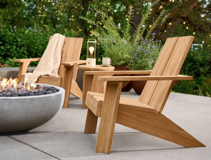 The contract-grade Vaughn Adirondack Chair is made from FSC-certified teak; it\2\17;s available in two stains (pictured is natural); \$799 at Rejuvenation.