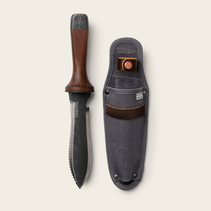 The Hori Hori Ultimate & Sheath (\$55), also by Barebones, is a handy all-in-one tool for camping, gardening, and outdoor explorations. Inspired by traditional Japanese gardening knives, it includes a double-edged stainless-steel blade, a flat base that doubles as a hammer, and a hook blade for opening bottles and comes with a waxed-canvas sheath.