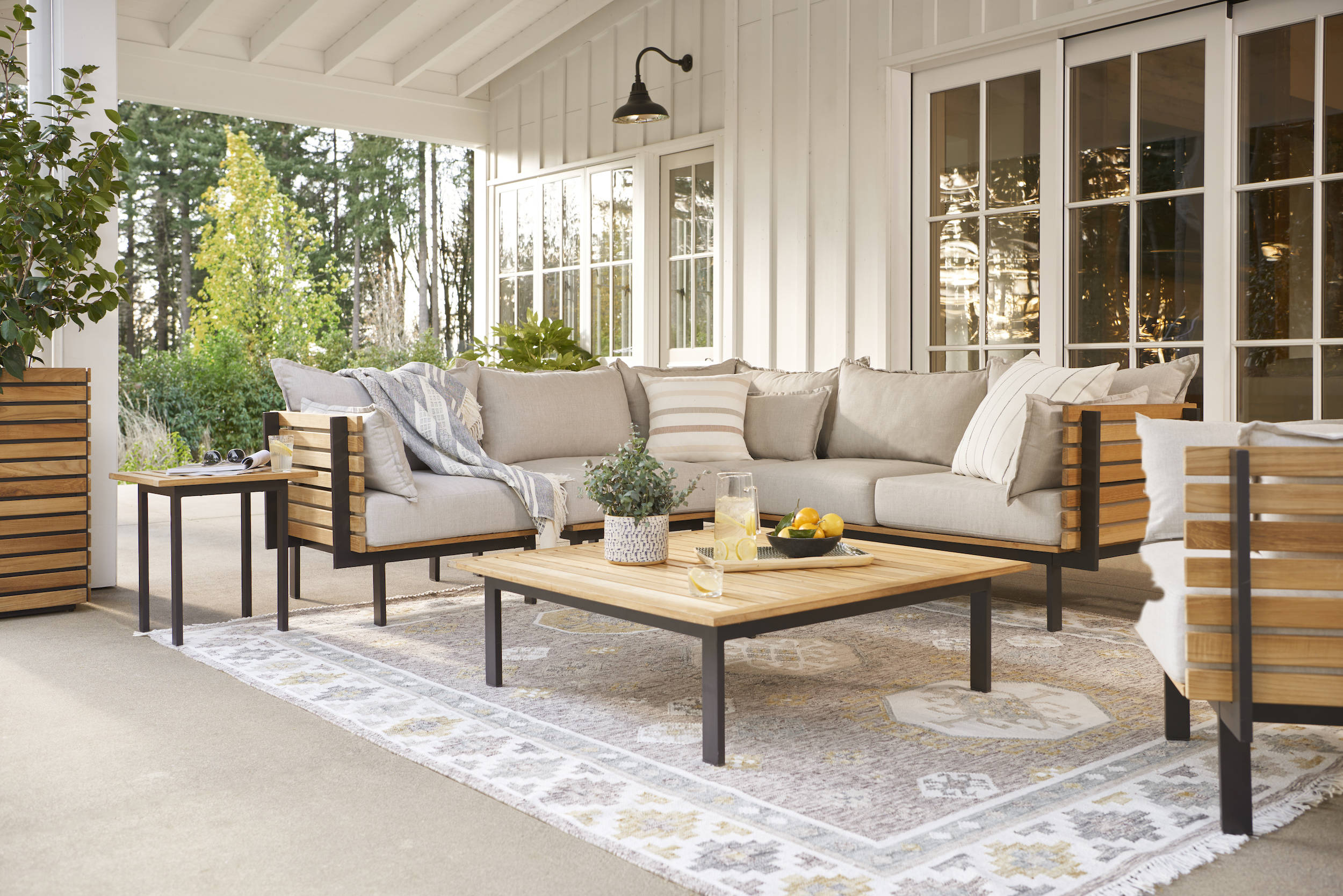A comfortable, good-looking sofa, designed for outdoors: The Jasper Teak Three-Piece Sectional ($5,7) is crafted from sustainably sourced FSC-certified Grade A teak, which naturally repels water and is meant to age over time. The thick cushions are upholstered in durable, quick-dry Sunbrella fabric that
