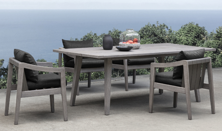 Like the rest of the collection, the Del Mar Rectangle Dining Table is equal parts artisan-crafted and durable for outdoor life, with natural teak designed to withstand exposure to the elements. It’s paired with Del Mar Outdoor Dining Chairs with thick cushions.