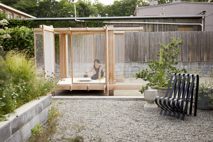 The teahouse was made by Yoshihiro Sergel and Diana Mangaser of YSDM Studio, early tenants of Atlas Studios. &#8\2\20;It was originally part of their RISD thesis project and was only for the indoors. Since we had the space, we all decided they should recreate one for the outdoors.&#8\2\2\1; (The teahouse was recently relocated to the grounds of Manitoga, the home of American industrial designer Russel Wright in Garrison, NY.) The chair is by Hannah Vaughan, another Atlas tenant.