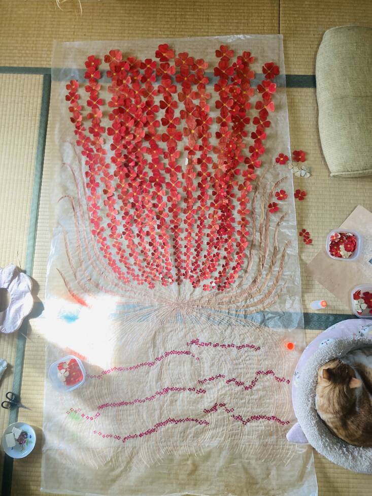 One Flower (Red Flowers) in process on tatami mats.