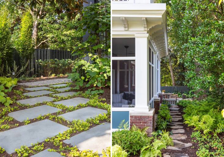 The hardscaping in this area previously felt like an extension of the driveway, but the client wanted it to feel like garden. Right: Chosen to protect the oak’s roots, stepping stones meander past the screened-in porch creating a secret garden feeling while leading to the more formal geometry of the pavers in the outdoor entertaining area.