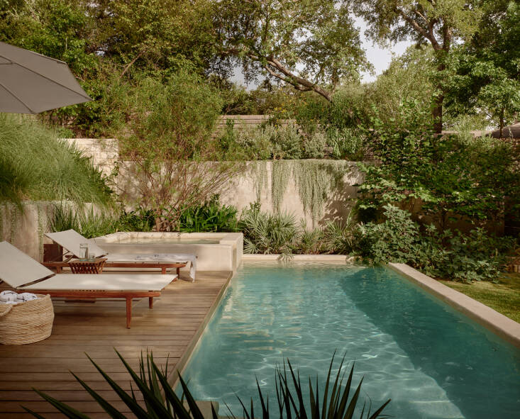 The plant palette is ever-evolving, and Grabiel credits Campbell with giving her the confidence to just try things. “Arthur and I walk just to see what\2\17;s thriving and we grow our repertoire of plants based on that,” she says. Most of the outdoor furniture they selected, including these chaises, are from DWR.