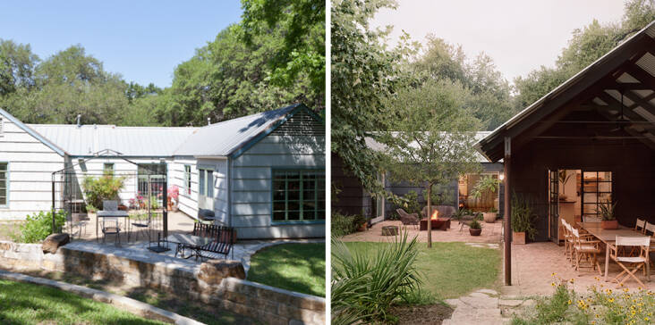 Before and after. A fresh coat of Sherwin-Williams’ Peppercorn gives the exterior a less suburban feel.