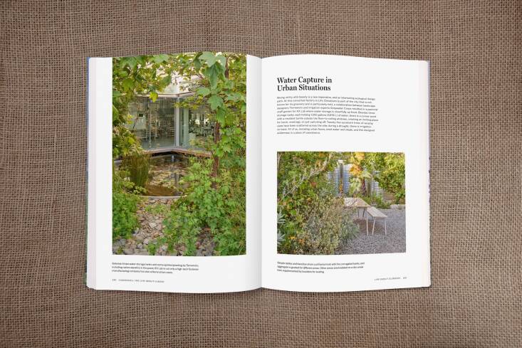 At this office garden in LA&#8\2\17;s Chinatown, water conservation is not just an imperative but a good look. Three water storage tanks, holding \1,500 gallons each, are up front in the design, along with an inviting pond just outside the office windows. With \25 sycamores of various sizes, it&#8\2\17;s a cool and lightly shaded workspace that will not collapse during periods of drought.