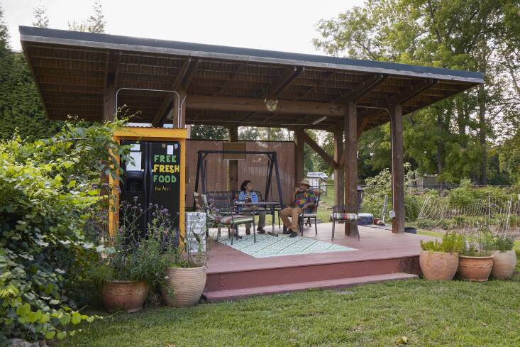 The pavilion at Southside Community Farm shelters a conversation area and a refrigerator stocked with fresh food for the taking.