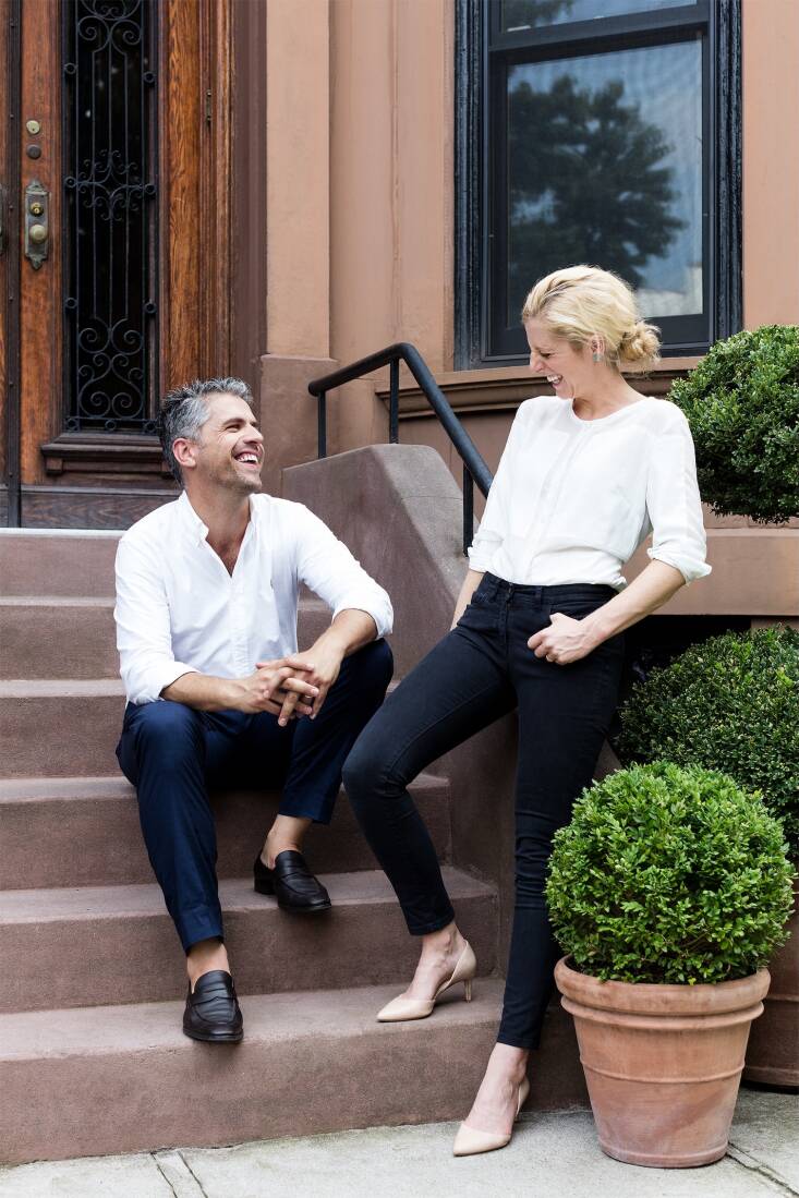 &#8\2\20;Galerie Green emerged as a natural next chapter in the way we bring spaces to life,&#8\2\2\1; says Damien. &#8\2\20;Every detail is intentional: beauty and utility exist in harmony.&#8\2\2\1; He and Jacqueline are shown here on their Brooklyn stoop with boxwood topiaries in Italian terracotta pots. Photograph by Nicholas Calcott.