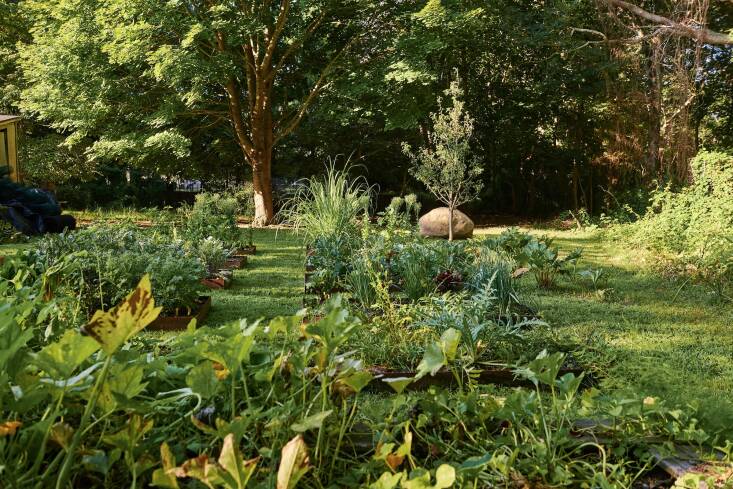 The vegetable beds have Corten steel edging, which allowed DeMauro + DeMauro to bring in high-quality soil for the food growing operation. Ten rectangular beds are laid out along an axis line that meets a quadrant of four larger square beds that are home to more unruly crops like squash and tomatoes.