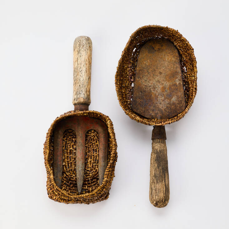 Over the years Alice has unearthed a collection of “allotment archeology” on the plot, found fragments of metal, plastic, pottery, and other discarded objects, which she playfully combines with her woven art to create sculptural art pieces. Hybrid 8 and 9 pairs a rusty fork and trowel with bindweed. Photograph by David Lindsay.