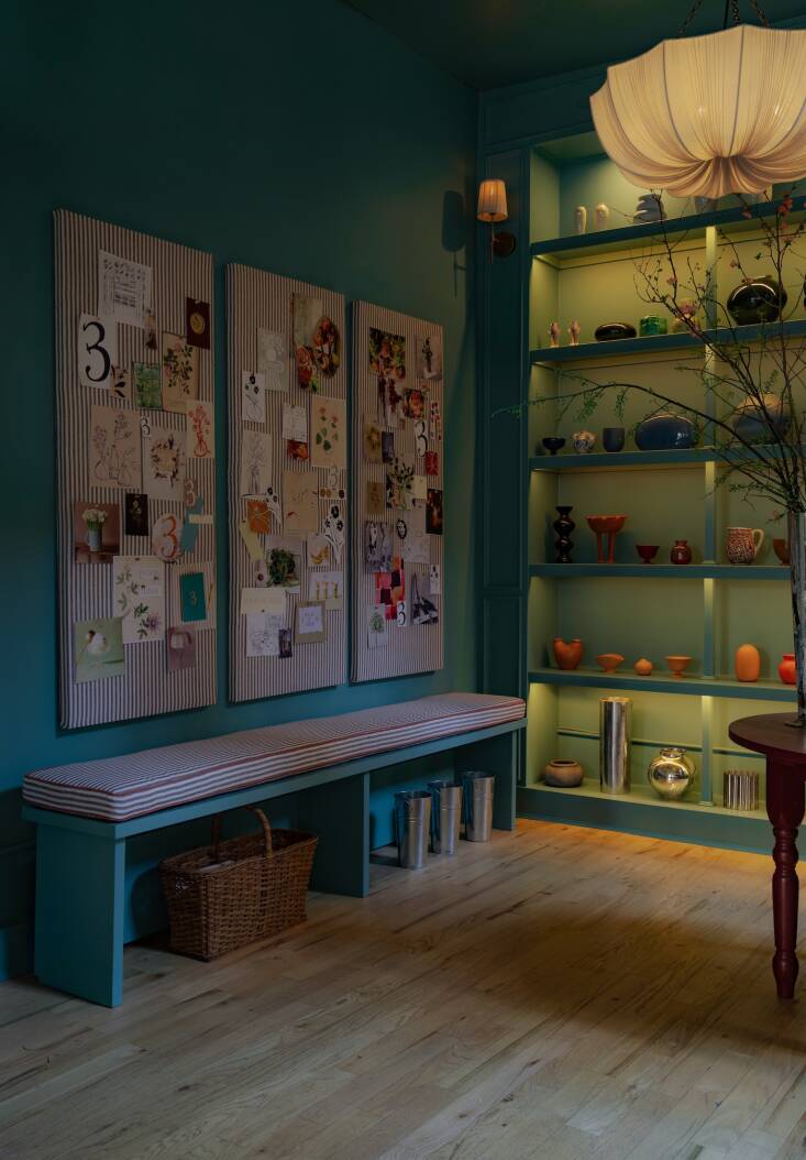 The pantry, also known as the Blue Room, is painted Farrow & Ball\2\17;s Sugar Bag Light. Kelsie is a visual thinker who swears by mood boards and recruits people who understand her ways: rather than supplying her go-to builder, Jeremy Hogeland, with plans, she had an illustrator on the Popup Florist team sketch her ideas and he worked from her drawings.