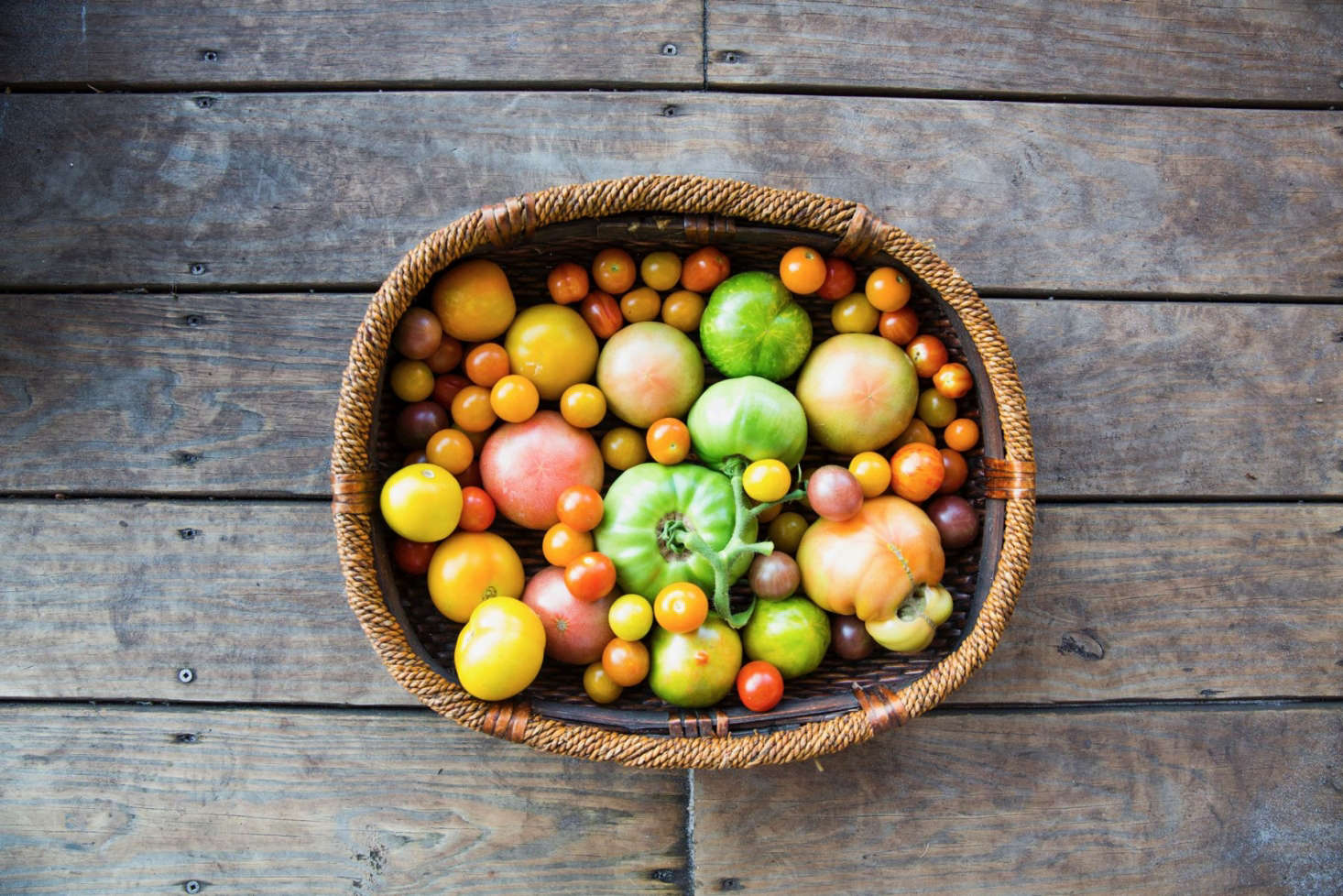 A harvest of cherry and heirloom tomatoes from Greyfield Inn on Cumberland Island. Photograph by Gabe Hanway, from Greyfield Gardens: A Chef’s Dream on a Remote Georgia Island. For more on hybrid versus heirloom tomatoes, see Everything You Need to Know About Tomatoes.